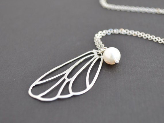 Rhodium Plated Butterfly Wing and fresh water pearl necklace