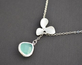 Sweet orchid and aqua blue lariat necklace