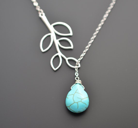 Turquoise teardrop and branch neckalce.