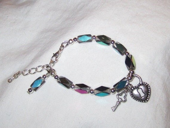 Silver Bracelet Lock and Key Charm Iridescent & Silver Jewelry Girls Jewellery Extender Chain