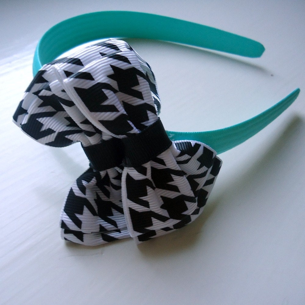Children's Hair Accessories Black White Houndstooth Bow Aqua Turquoise Headband Ribbon girl Statement Bold Fashion