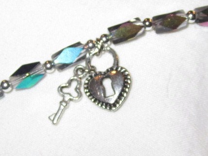 Silver Bracelet Lock and Key Charm Iridescent & Silver Jewelry Girls Jewellery Extender Chain