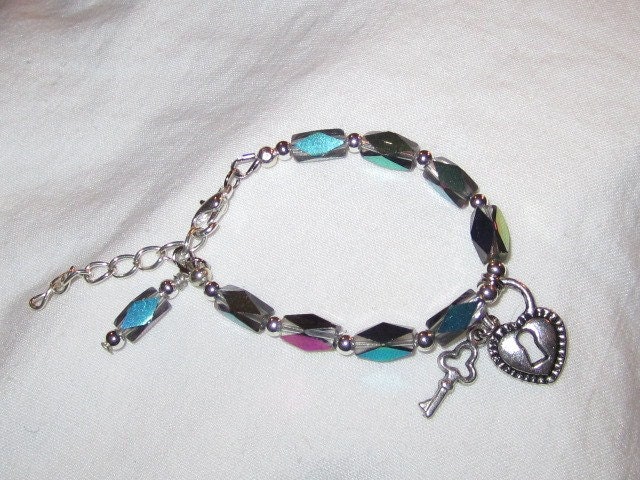Silver Bracelet Lock and Key Charm Iridescent & Silver Jewelry Girls Jewellery Extender Chain