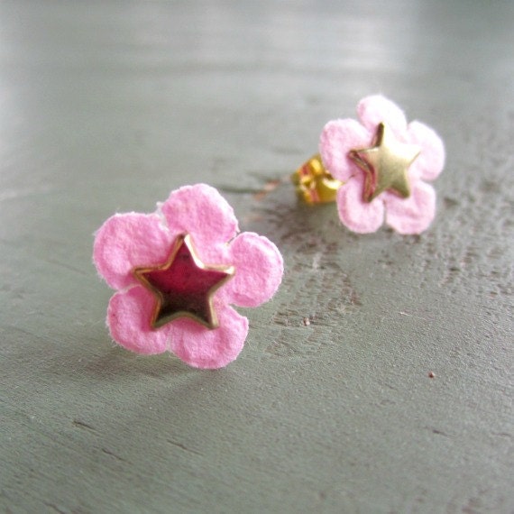 Childrens Earrings Pink Jewelry Yellow Gold Flower Star Dainty Little Girls Pierced Studs