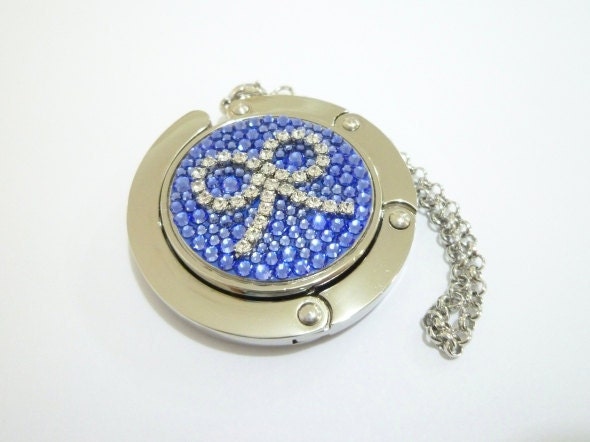Cupchain Ribbon foldable bag hanger, purse hook, bag holder made with Swarovski flatback crystals - Sapphire