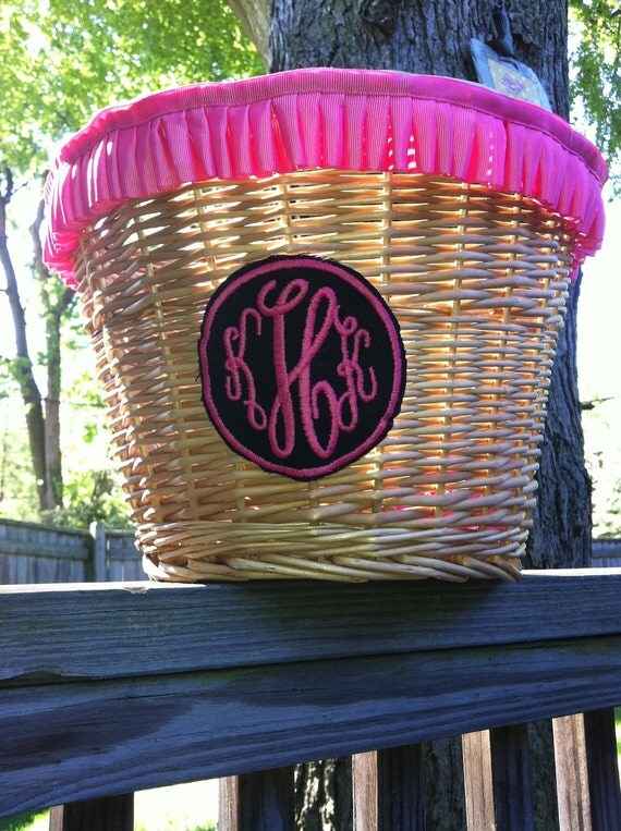 Monogram wicker/straw bike basket with leather straps and ruffle ribbon trim