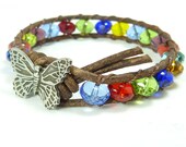 Leather beaded wrap bracelet, with butterfly for Spring, multicolor, on distressed leather, single wrap bracelet, wear alone or with others.