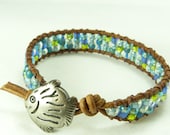 Beaded leather wrap bracelet,  aqua, blue, green, turquoise "Confetti wrap" with tropical fish on brown leather, single wrap bracelet.