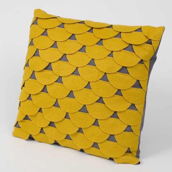 Scallops Pillow Cushion Cover 14 x 14 - Mustard Yellow and Grey Felt Applique
