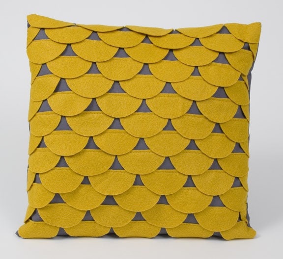 Scallops Pillow Cushion Cover 14 x 14 - Mustard Yellow and Grey Felt Applique