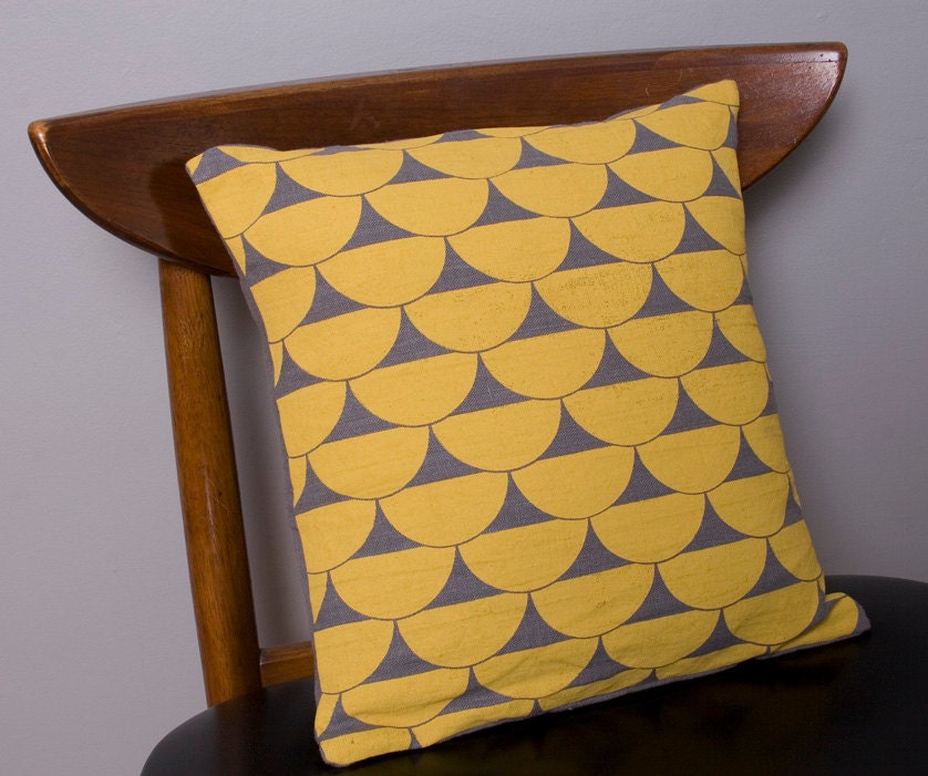 Mustard Yellow & Grey Pillow Cover- Scallops 14x14 Linen
