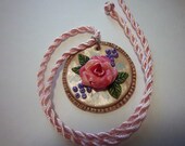 Valentines Day Rose Necklace, Floral Pendant, Pink with Purple, OOAK, Polymer Clay,