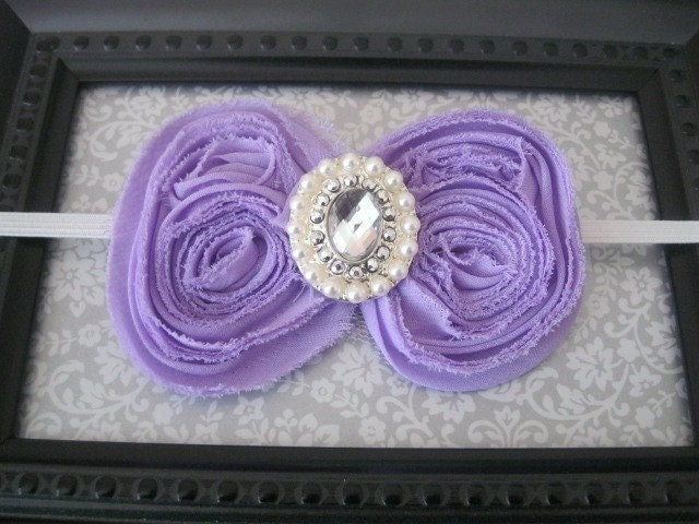 Newborn Headband-Baby Headband-Toddler-Infant-Photo Prop- Headband-Light Purple Lavender Bow Shabby Flowers Headband on Elastic