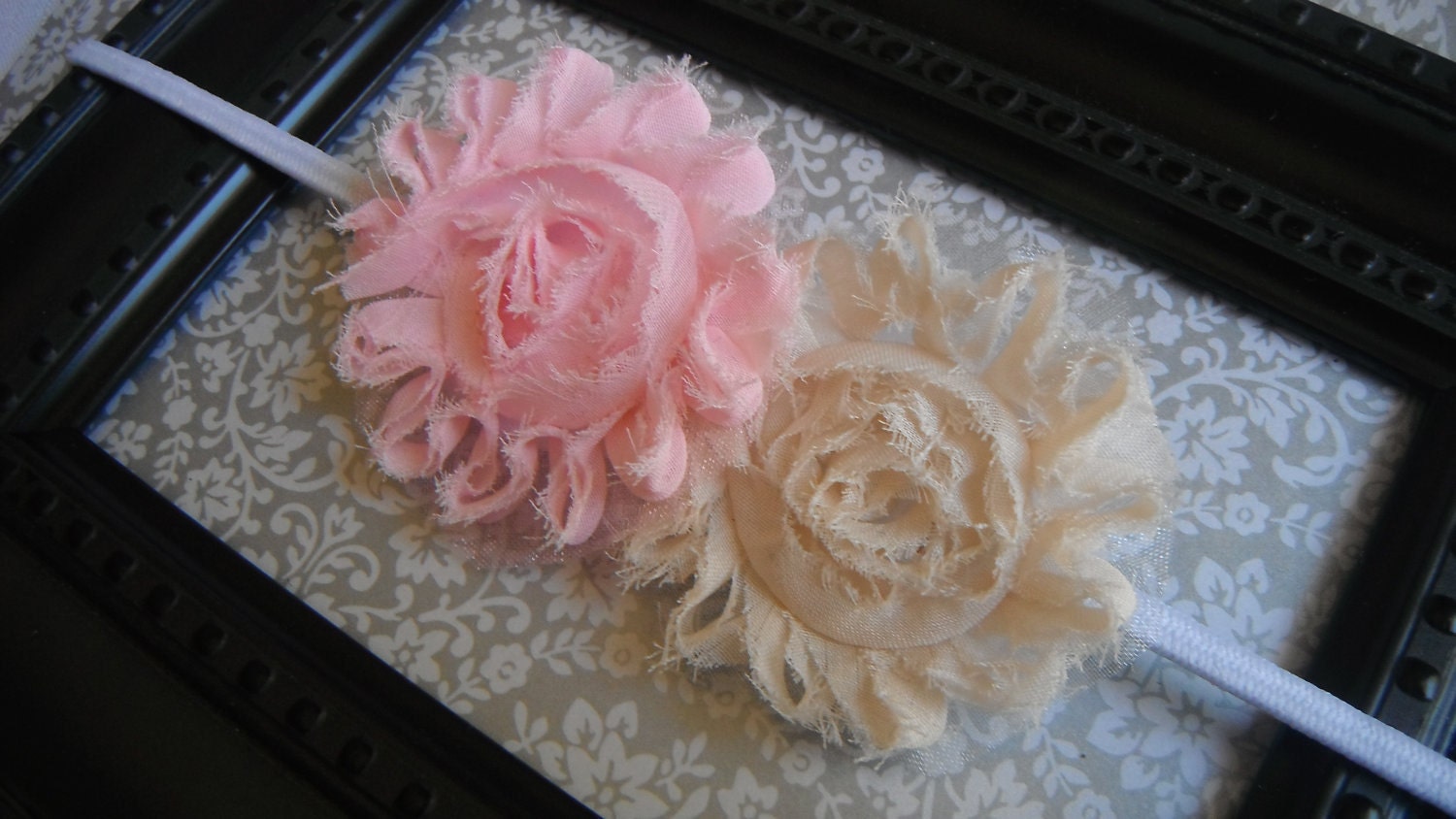 FREE SHIPPING-Light Pink Shabby Flower - Cream Shabby Flower - on a white elastic headband
