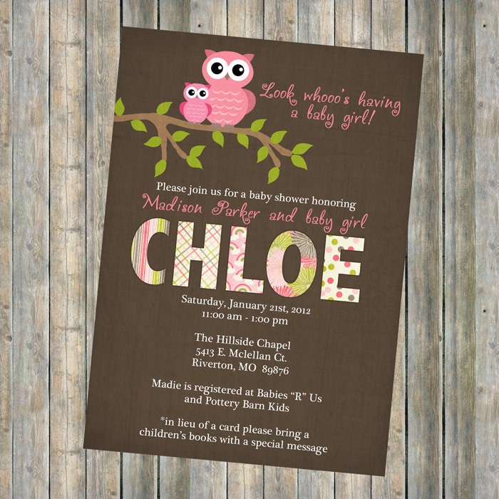 baby girl shower invitations, baby  shower invitation with owls, Digital, Printable file brown and pink