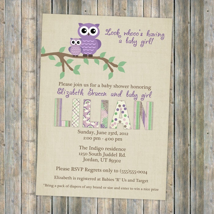 owl baby shower invitations, purple baby shower invitation with owls, Digital, Printable file (purple and sage)
