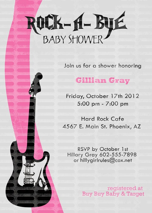 Rock a bye, baby girls shower invitations with guitar printable, digital file