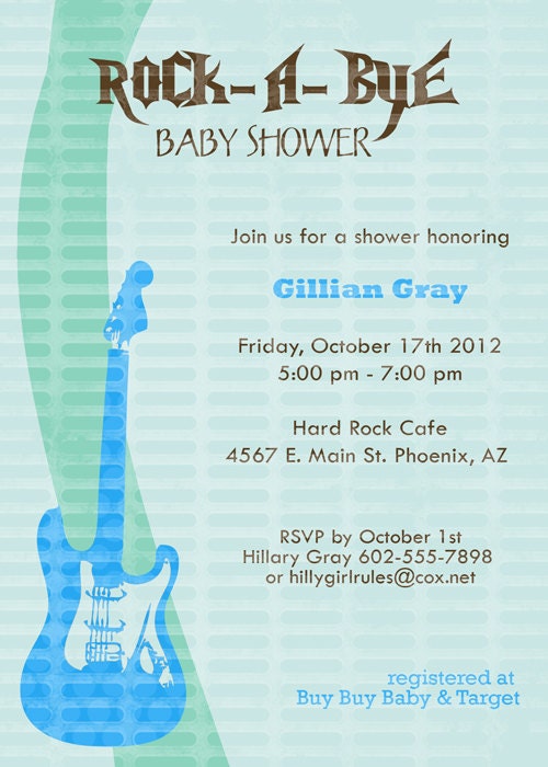 Rock a bye, baby girls shower invitations with guitar printable, digital file