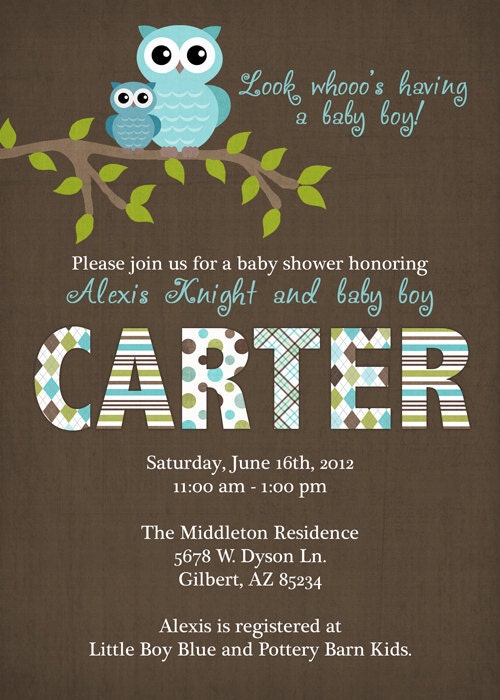 baby boy shower invitations, shower invitation with owls, Digital, Printable file (Brown, Green, and Tiffany Blue)
