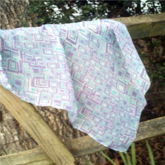 Womens Scarf, Teal and Purple Print, Long Sheer Scarf, Great for Spring