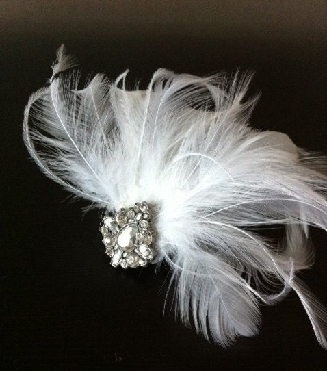 ANNE - White Feather Hair Clip / Fascinator with Sparkly Art Deco Pendant