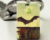 Halloween Domino Size Glass Metal Frame Key Chain-Girl Riding Bat Fantasy Gothic Fairy Nature