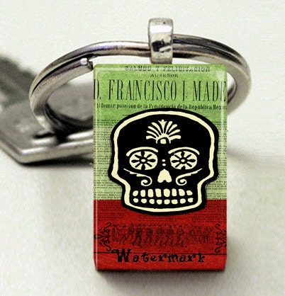 Domino Size Glass Metal Frame Key Chain-Day of the Dead Sugar Skulls Holiday Gothic Día de los Muertos Christmas in July Sale