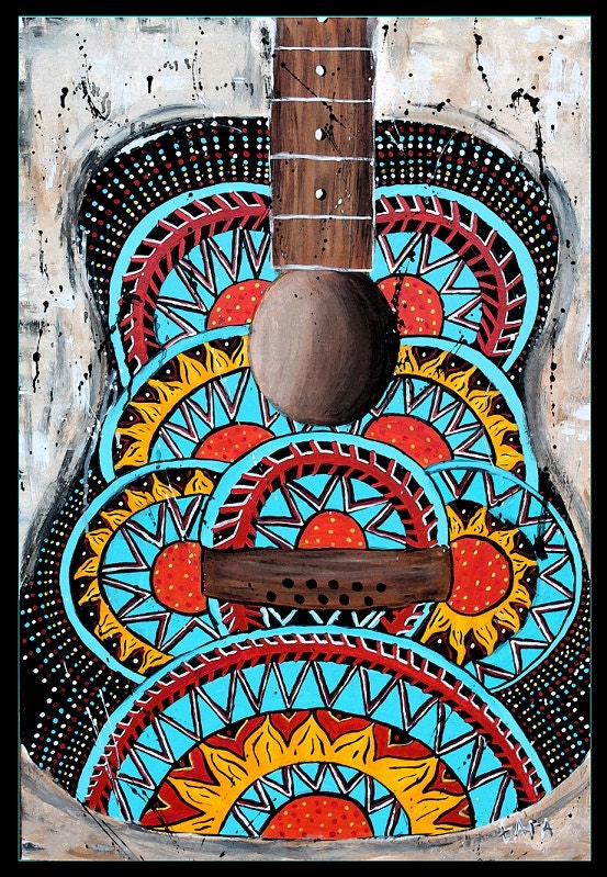 Retro guitar art, santa monica, abstract,music art,70's art,psychadelic,funky,hippie art,turquoise,coral,alternative,guitar painting