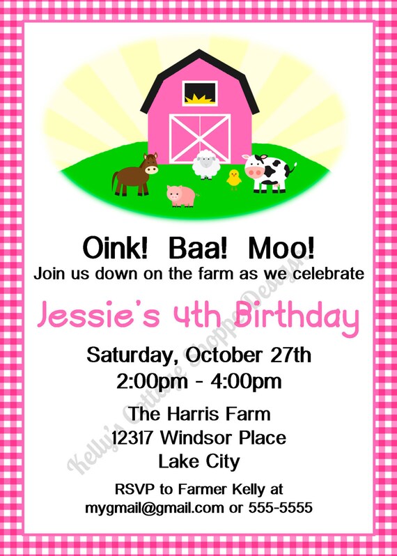 Barnyard/Farm Animal Birthday Invitation with Pink Barn... Custom, Printable, Digital Il_570xn