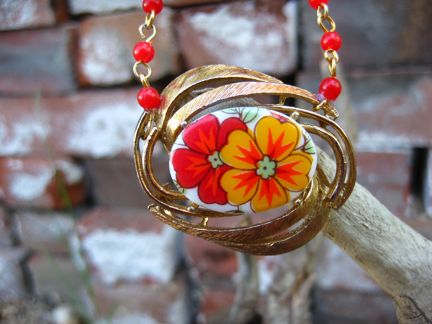 Bloomin' Good- Long Strand Necklace Red Yellow Orange Bright Vintage Pieces OOAK