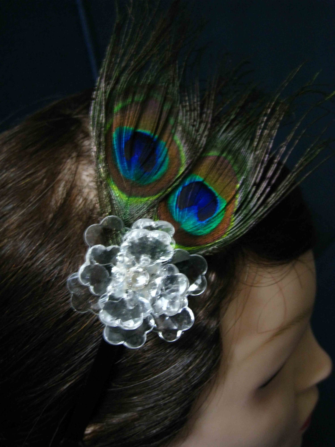 Custom acrylic flower with crystal center and peacock feathers hairband - Your choice of and colors - black, gold or sliver