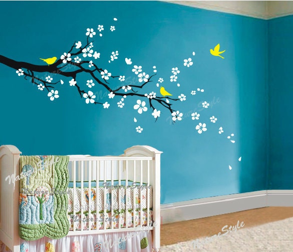 cherry blossom wall decals flower vinyl wall decal tree nursery wall decals sticker children white wall decal-plum blossom with Flying Birds