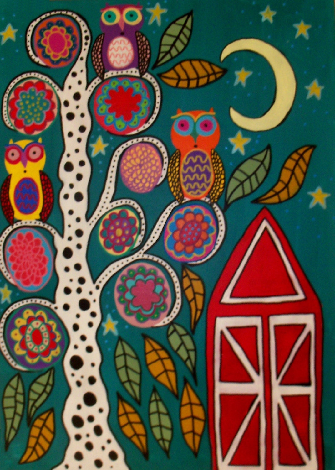 Kerri Ambrosino Art PRINT Mexican Folk Art  Barn Owls under The Moon In the Tree with Flowers