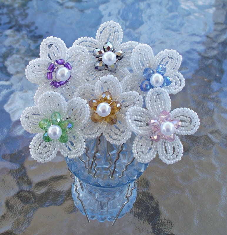 3 Bridal Hair Pins in white French Bead styling with lustrous white pearls