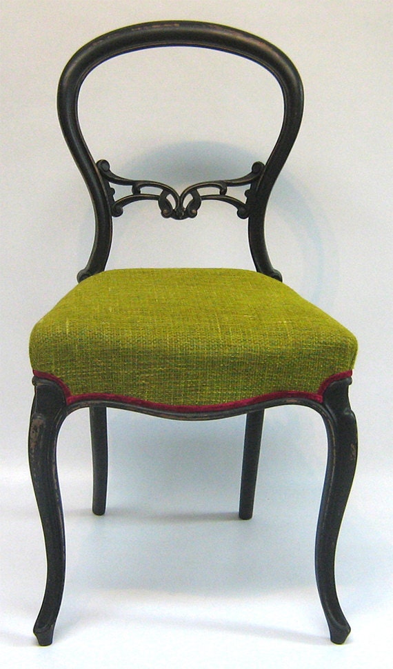 Victorian balloon back lime green tweed chair - SomethingOrOtherUk