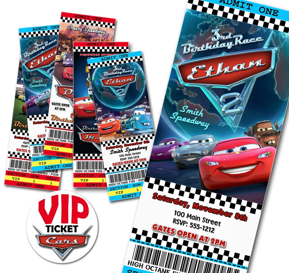 Cars Birthday invitation 15 Ticket style complete with envelopes & VIP envelope stickers PRINTED