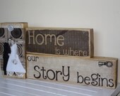 Home is where our Story Begins saying on decorative wooden blocks home decoration brown vintage wedding gift personalized photo gift