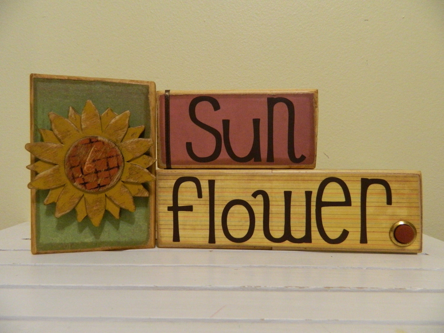 Sunflower wooden blocks for Spring and summer rustic country chic shabby chic garden home decor flower red yellow green