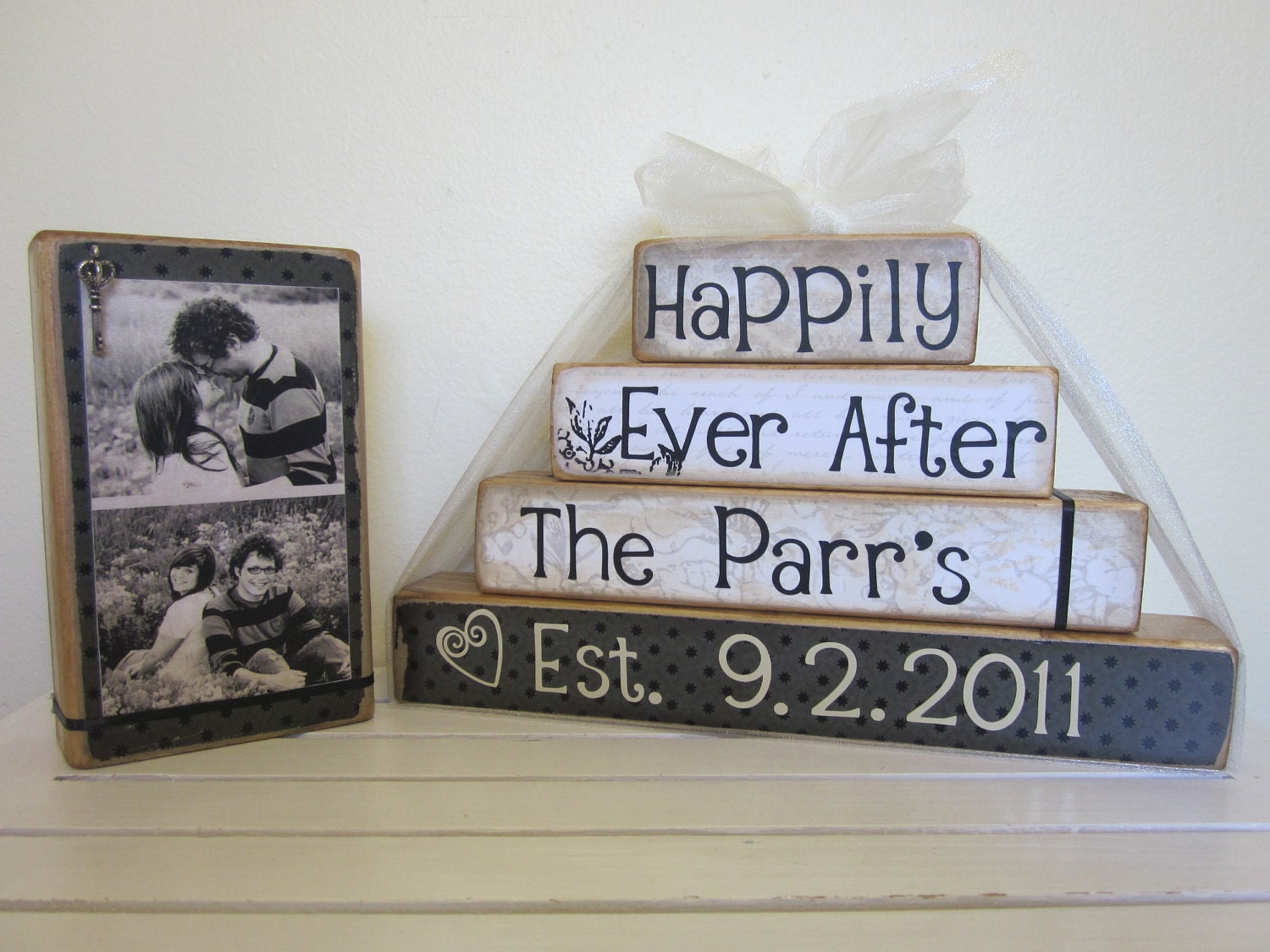 Personalized Happily Ever After wooden blocks for wedding or gift with picture everything included black vintage wedding Valentines day gift