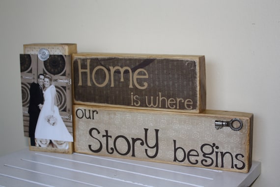 Home is where our Story Begins saying on decorative wooden blocks home decoration brown vintage wedding gift personalized photo gift