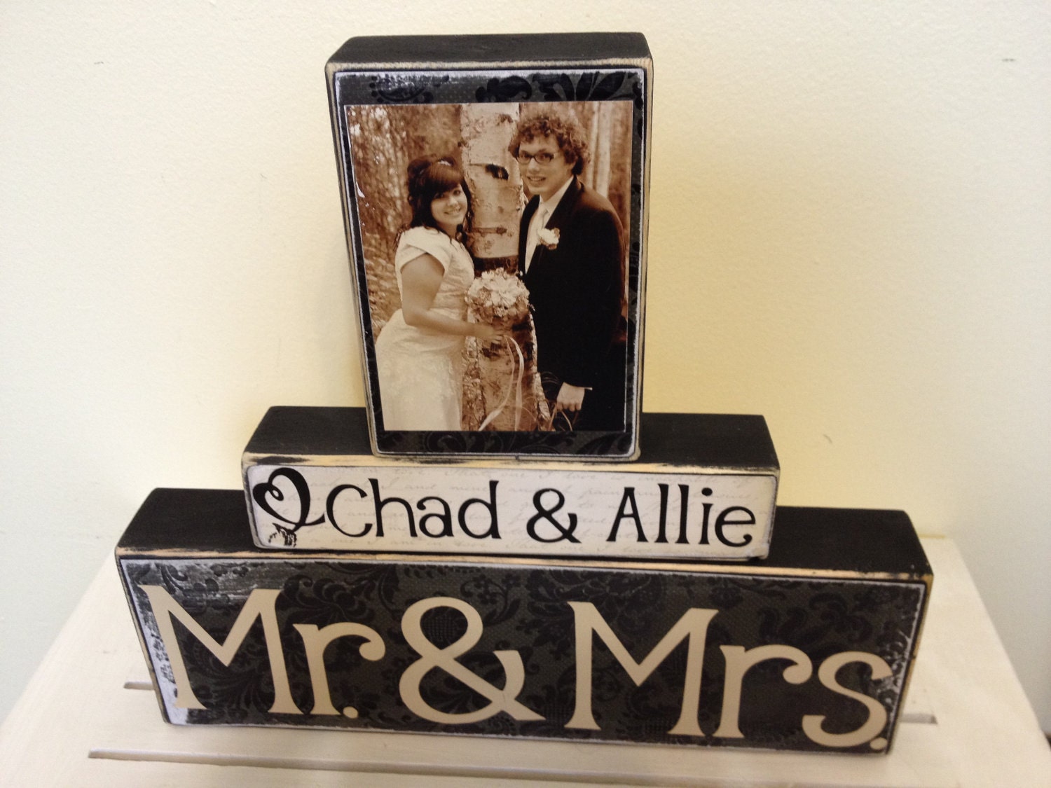 Mr and Mrs Wedding decoration black painted wooden blocks shabby chic vintage wedding personalized photo Christmas gift
