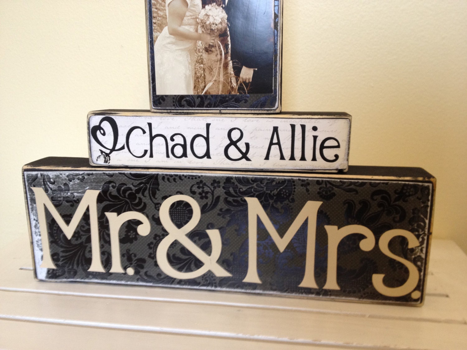 Mr and Mrs Wedding decoration black painted wooden blocks shabby chic vintage wedding personalized photo Christmas gift