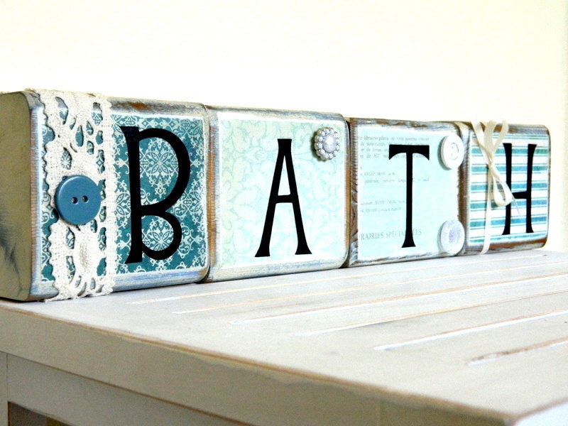 Bathroom wooden sign for the bathroom home decor blue with vinyl lettering and rustic embellishments comes with the four blocks
