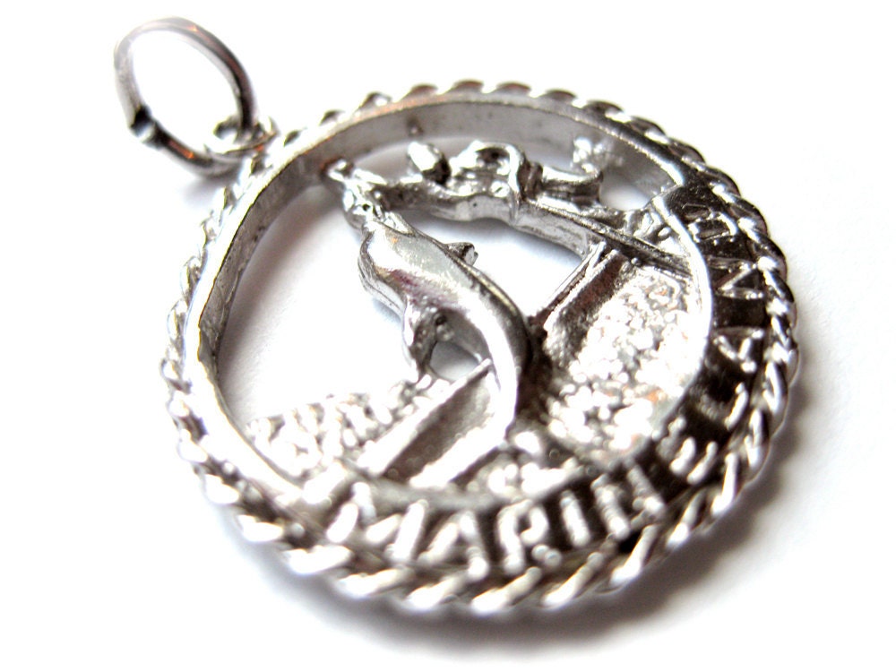 Vintage Sterling Silver Marineland Charm or Pendant-With Jump Ring-Niagara Falls, Canada-Round Silhouette-Dolphin Jewelry