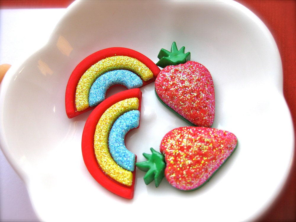 Glittery Strawberry OR Rainbow Hair Clips-Sparkly Set of Two-Silver gators or Bobby pins-Summer Fashion-Fruit, Wizard of Oz Accessories