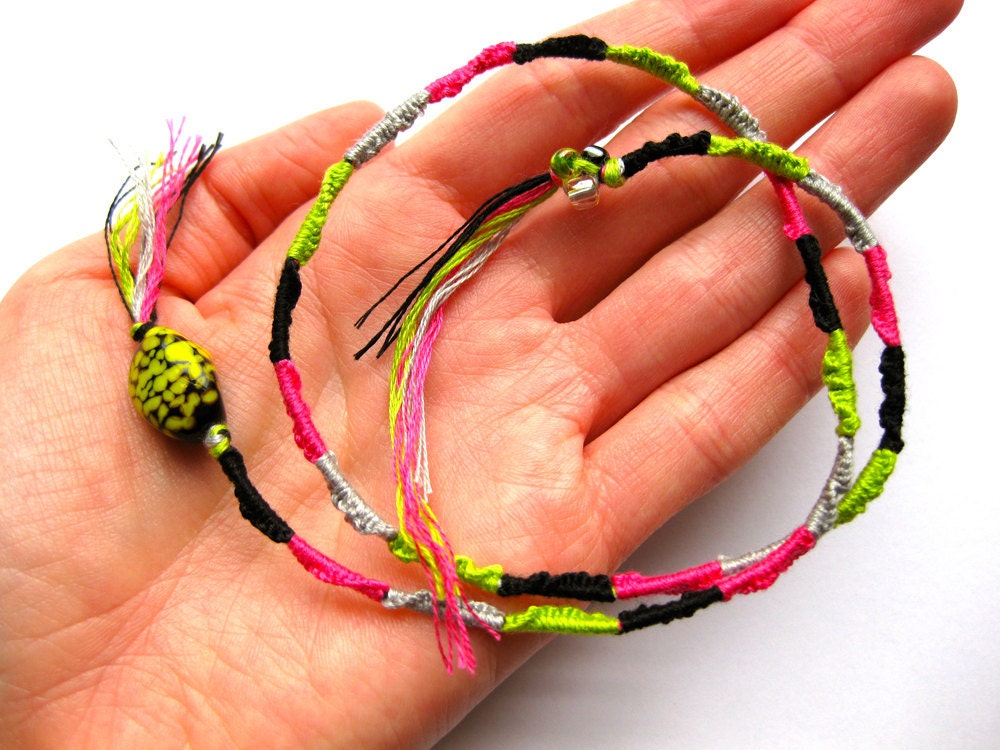 Neon and Black Friendship Bracelet with beads and fringe-lime, hot pink, gray-Tie Me On-Adjustable-Summer Fashion