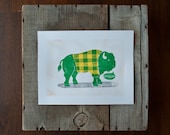 WALL Art NDSU Bison, Go Bison Green and Yellow LINOCUT Print 8.5 x 11, Bathroom Art, Mancave Art