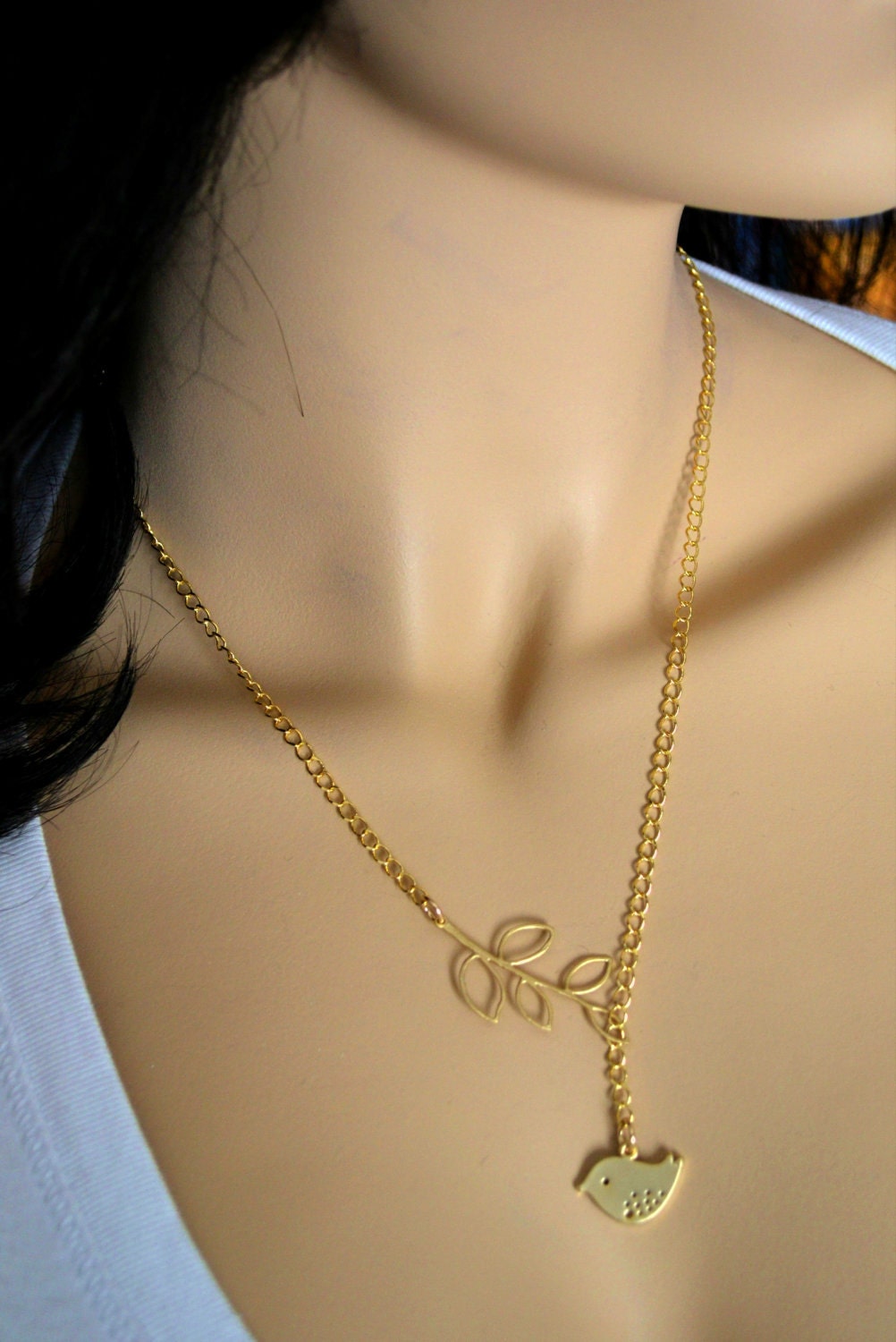 Bird and Branch Lariat Necklace - Bird and Branch Necklace - Matte Silver plated or Matte Gold plated
