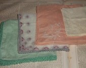 Antique Handkerchiefs set of 4 Linen Cotton green peach embroidered