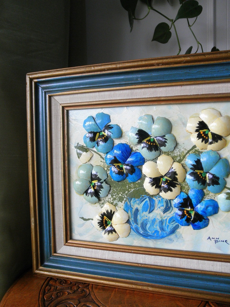 70s Kitsch Painting - Floral 3 Demensional Art Eggshell Sculpture - Original Artist Signed Ann Pine - Pansies - Rare Art